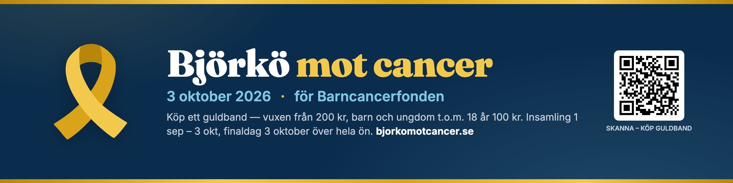 Björkö mot cancer 3 oktober 2026 – köp guldband för Barncancerfonden